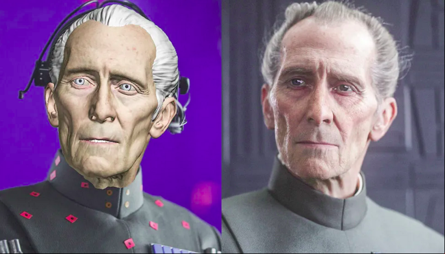 Peter Cushing: O ator, que morreu em 1994, ficou conhecido por interpretar o General Moff Tarkin em Star Wars IV - Uma Nova Esperança (1977). A tecnologia permitiu que ele retornasse ao papel em Rogue One: Uma História Star Wars, de 2016.